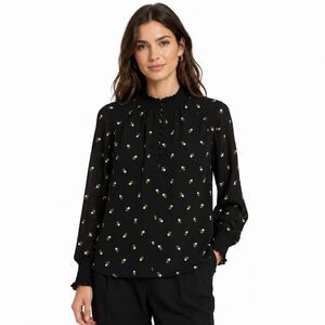 CAbi Blouse Womens Small Black Floral Embroidered Mock Neck Long Sleeve Top